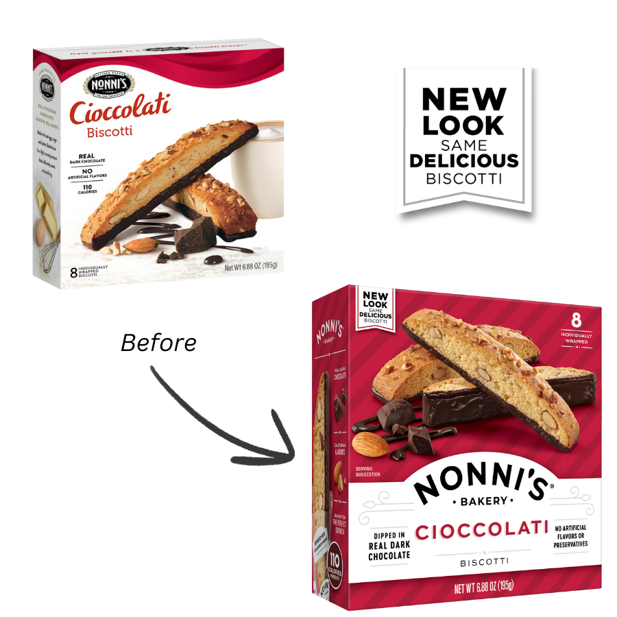 old and new chocolate Biscotti packaging