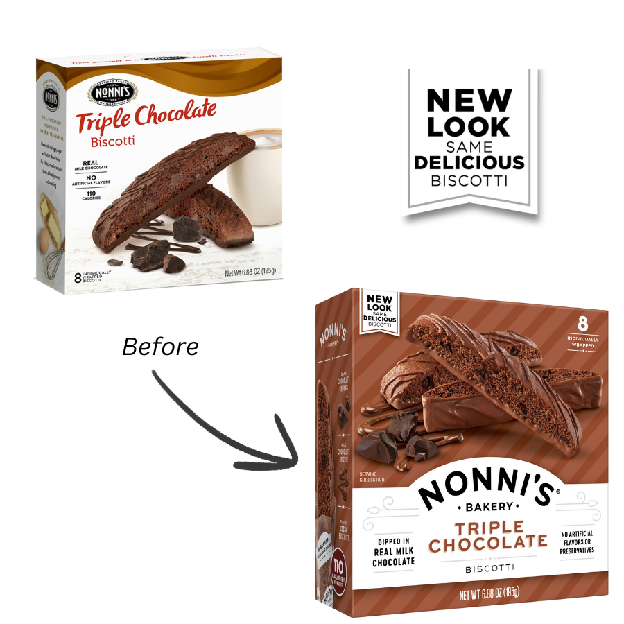 Triple Chocolate Biscotti old vs new packaging