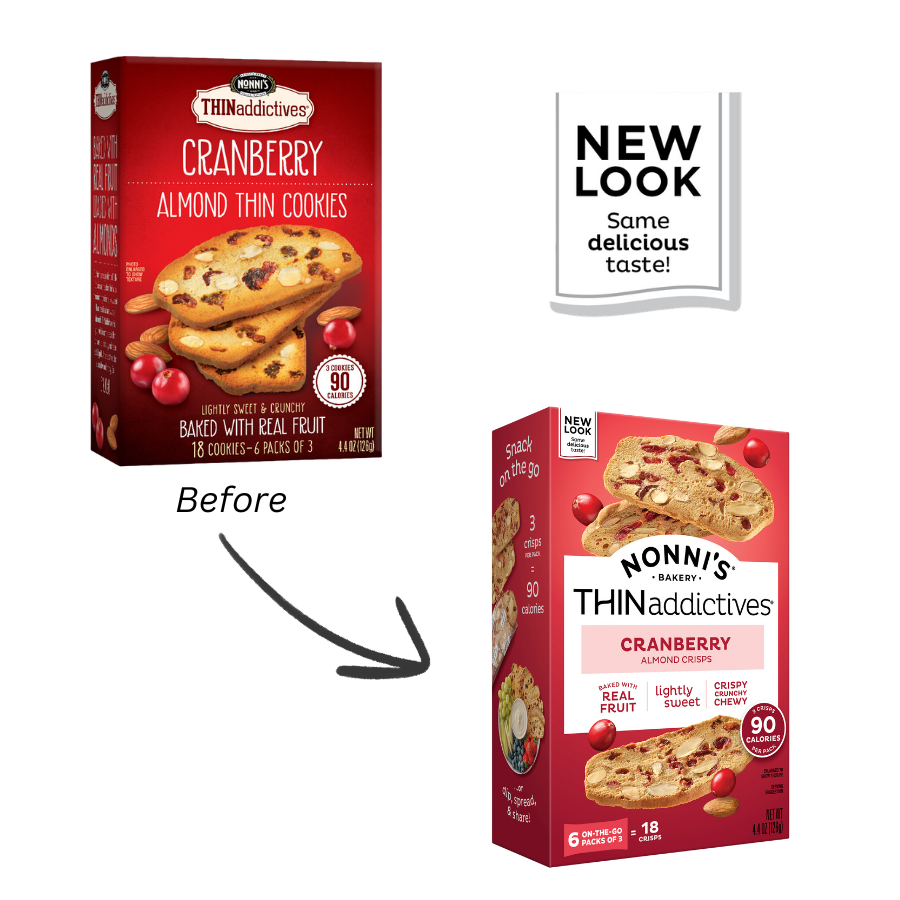 Old and new packaging on Cranberry THINs