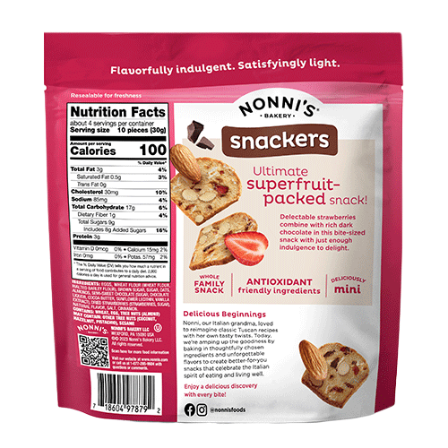 Nonni's Strawberry Dark Chocolate Snackers Packaging Back