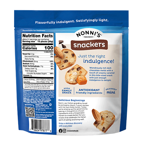Nonni's Salted Caramel Dark Chocolate Snackers Packaging Back